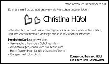 Traueranzeige von Christina Hübl von Gmünder Tagespost