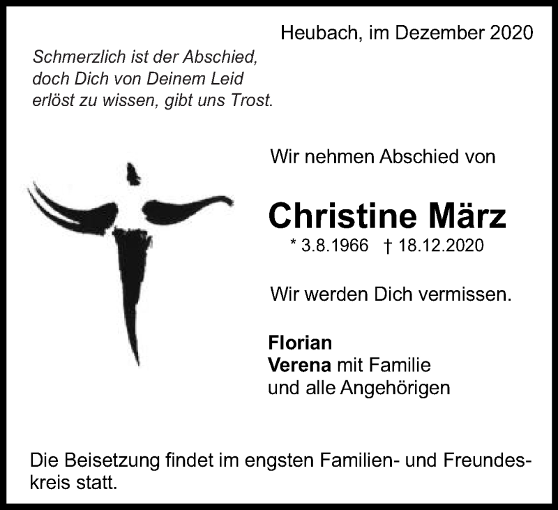 Traueranzeige für Christine März vom 24.12.2020 aus Gmünder Tagespost