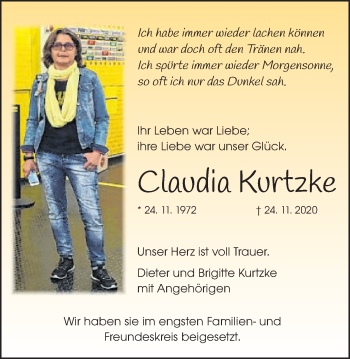 Traueranzeige von Claudia Kurtzke von Schwäbische Post