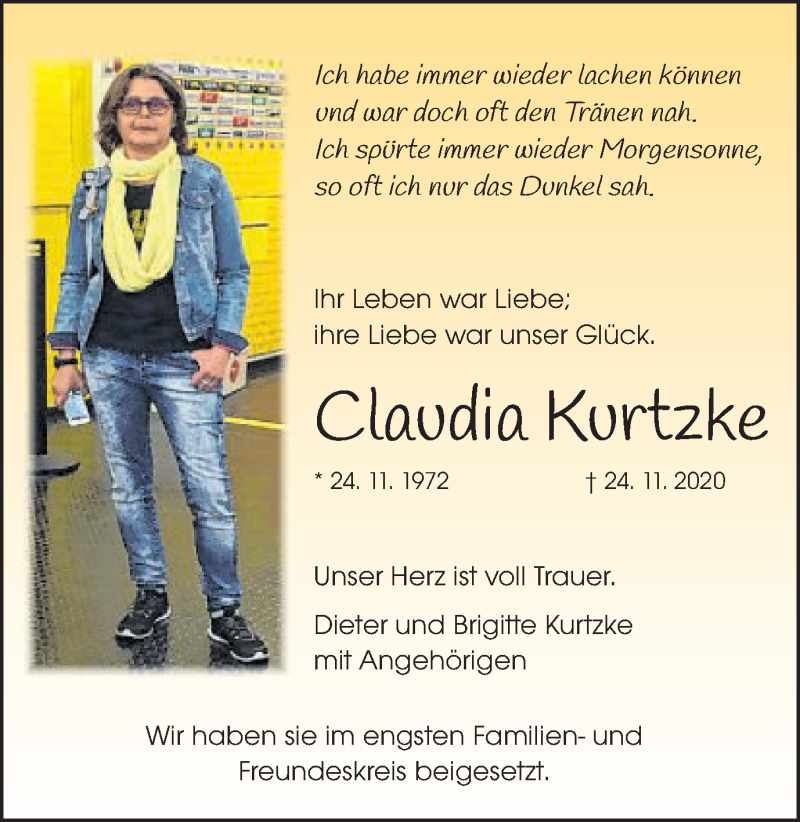  Traueranzeige für Claudia Kurtzke vom 04.12.2020 aus Schwäbische Post