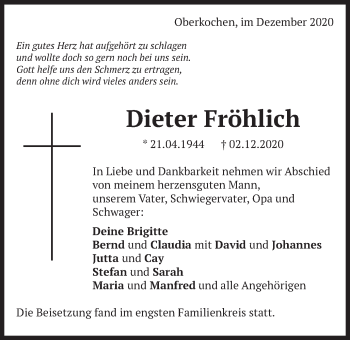 Traueranzeige von Dieter Fröhlich von Amtsblatt_Oko