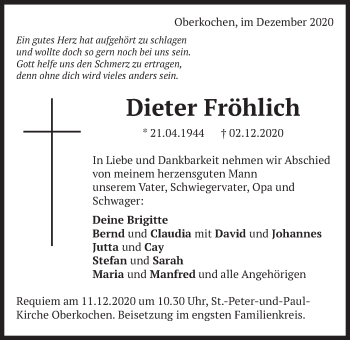 Traueranzeige von Dieter Fröhlich von Schwäbische Post