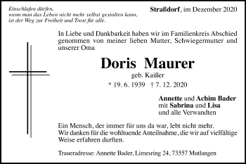 Traueranzeige von Doris Maurer von Gmünder Tagespost