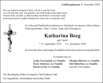 Traueranzeige von EKatharina Beeg von Schwäbische Post