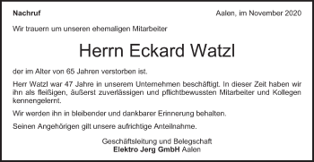 Traueranzeige von Eckard Watzl von Schwäbische Post