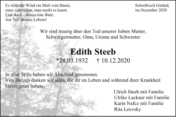 Traueranzeige von Edith Steeb von Gmünder Tagespost