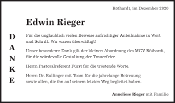 Traueranzeige von Edwin Rieger von Schwäbische Post