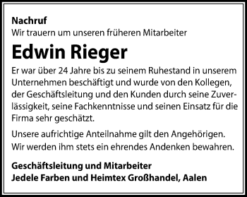 Traueranzeige von Edwin Rieger von Schwäbische Post