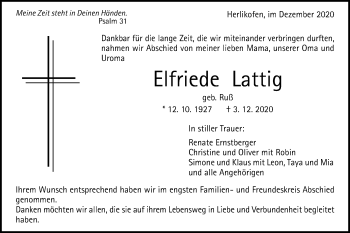 Traueranzeige von Elfriede Lattig von Gmünder Tagespost