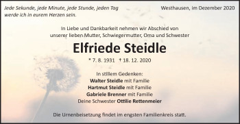 Traueranzeige von Elfriede Steidle von Schwäbische Post