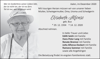 Traueranzeige von Elisabeth Alfonso von Schwäbische Post