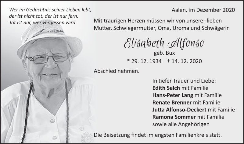  Traueranzeige für Elisabeth Alfonso vom 17.12.2020 aus Schwäbische Post