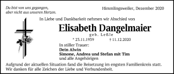 Traueranzeige von Elisabeth Dangelmaier von Schwäbische Post