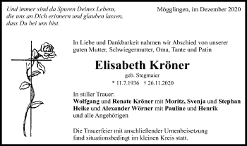 Traueranzeige von Elisabeth Kröner von Gmünder Tagespost
