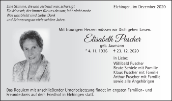 Traueranzeige von Elisabeth Puscher von Schwäbische Post
