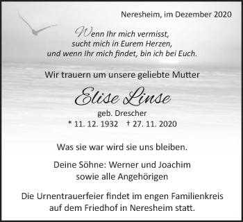 Traueranzeige von Elise Linse von Schwäbische Post
