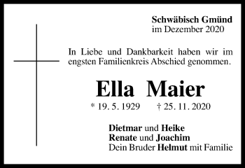 Traueranzeige von Ella Maier von Gmünder Tagespost