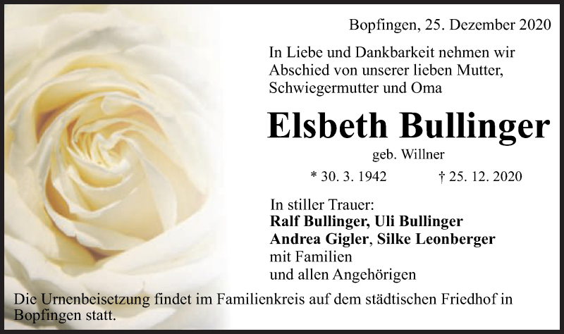  Traueranzeige für Elsbeth Bullinger vom 28.12.2020 aus Schwäbische Post
