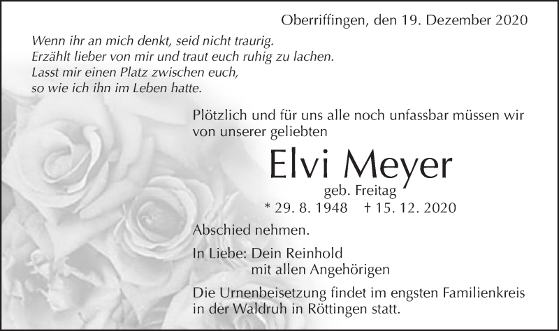  Traueranzeige für Elvi Meyer vom 19.12.2020 aus Schwäbische Post