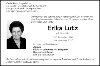Traueranzeige von Erika Lutz von Gmünder Tagespost