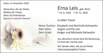 Traueranzeige von Erna Leis von Schwäbische Post
