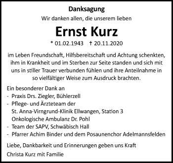 Traueranzeige von Ernst Kurz von Schwäbische Post