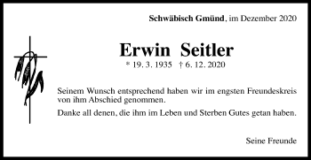 Traueranzeige von Erwin Seitler von Gmünder Tagespost