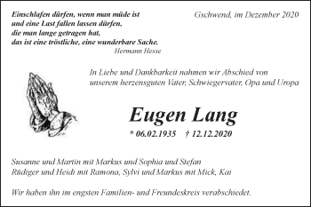 Traueranzeige von Eugen Lang von Gmünder Tagespost
