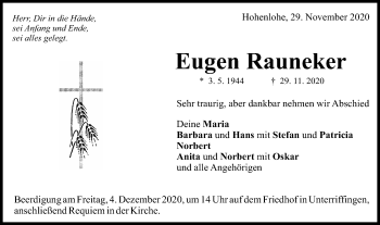 Traueranzeige von Eugen Rauneker von Schwäbische Post