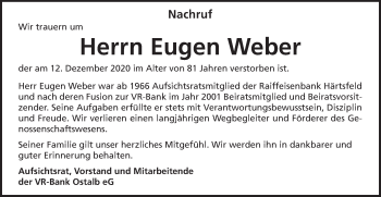 Traueranzeige von Eugen Weber von Schwäbische Post