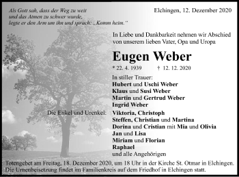 Traueranzeige von Eugen Weber von Schwäbische Post
