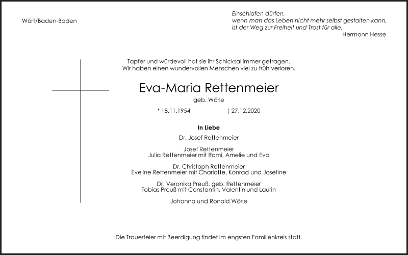  Traueranzeige für Eva-Maria Rettenmeier vom 30.12.2020 aus Schwäbische Post