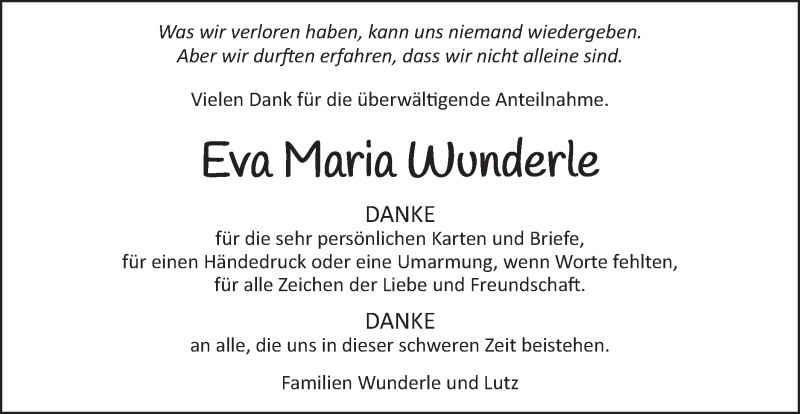  Traueranzeige für Eva Maria Wunderle vom 19.12.2020 aus Schwäbische Post