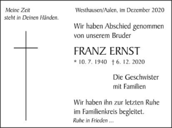 Traueranzeige von Franz Ernst  von Schwäbische Post