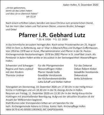 Traueranzeige von Gebhard Lutz von Schwäbische Post