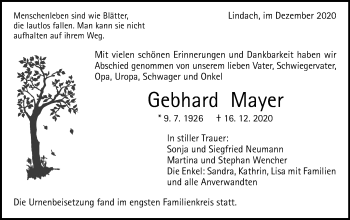 Traueranzeige von Gebhard Mayer von Gmünder Tagespost
