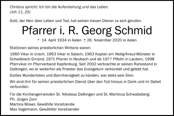 Traueranzeige von Georg Schmid von Schwäbische Post
