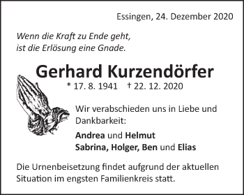 Traueranzeige von Gerhard Kurzendörfer von Schwäbische Post