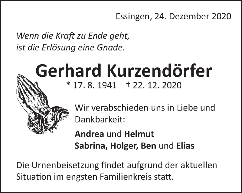  Traueranzeige für Gerhard Kurzendörfer vom 24.12.2020 aus Schwäbische Post