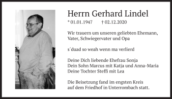 Traueranzeige von Gerhard Lindel von Schwäbische Post