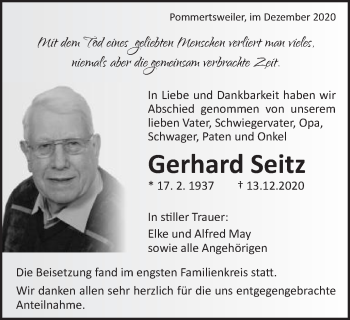 Traueranzeige von Gerhard Seitz von Schwäbische Post