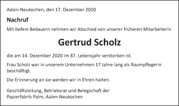 Traueranzeige von Gertrud Scholz von Schwäbische Post