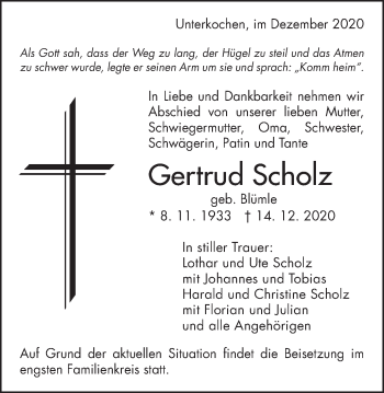 Traueranzeige von Gertrud Scholz von Schwäbische Post