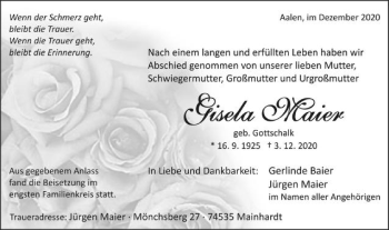 Traueranzeige von Gisale Maier von Schwäbische Post