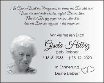 Traueranzeige von Gisela Hilbig von Gmünder Tagespost
