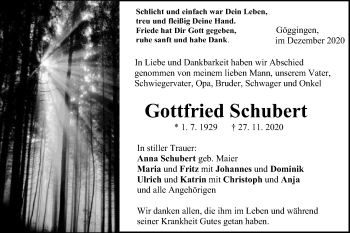 Traueranzeige von Gottfried Schubert von Gmünder Tagespost