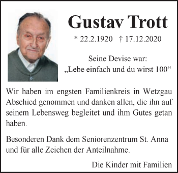 Traueranzeige von Gustav Trott von Gmünder Tagespost