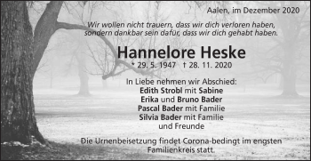 Traueranzeige von Hannelore Heske von Schwäbische Post