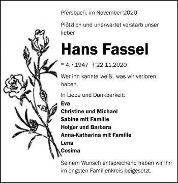 Traueranzeige von Hans Fassel von Gmünder Tagespost