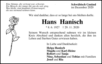 Traueranzeige von Hans Hanisch von Gmünder Tagespost